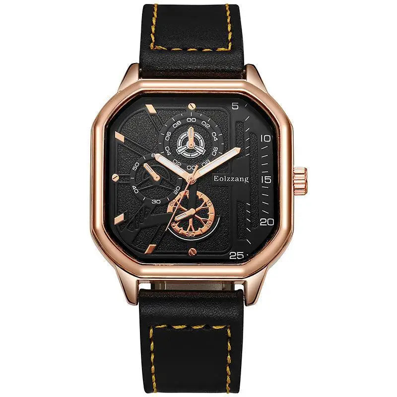 YIKAZE Alloy Men Quartz Watches Leather Strap Big Dial Student Square Sports Watch Cool Black Men's Watch Waterproof  Wristwatch - Sun Studio