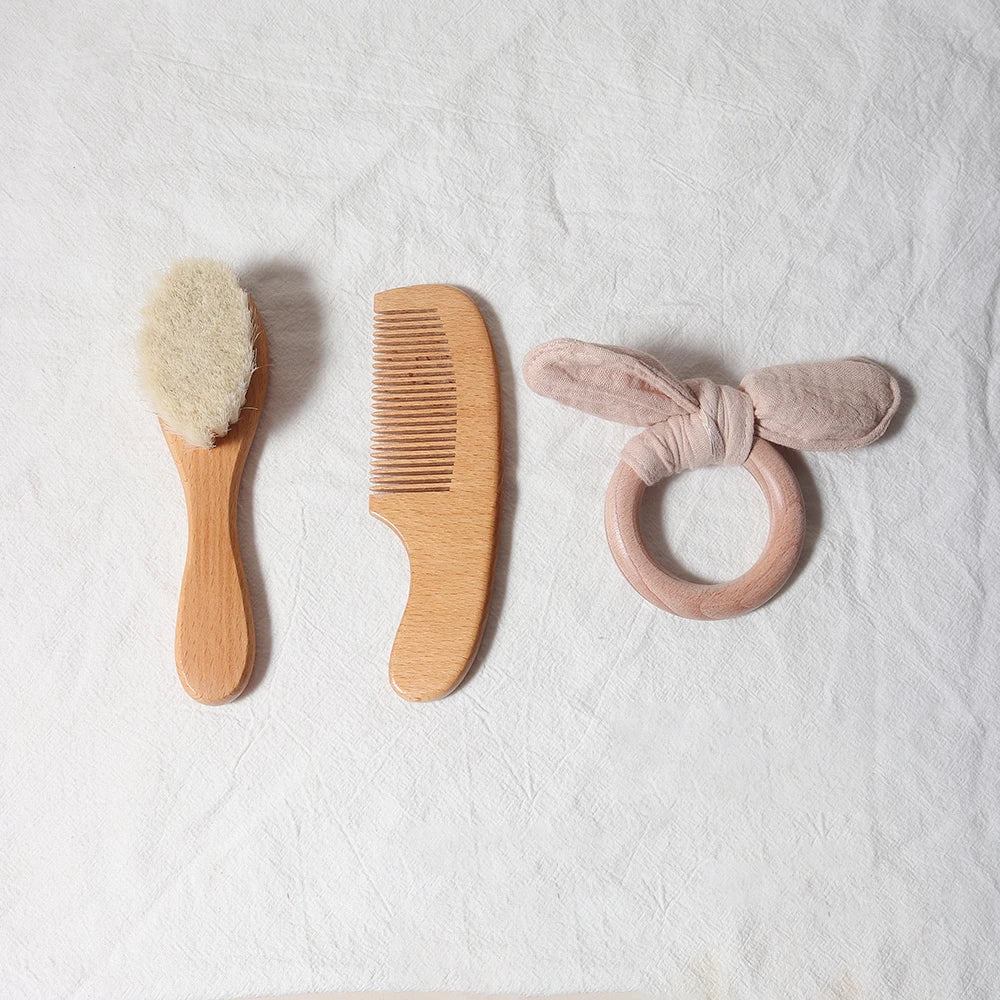baby comb brush set newborn gift set Natural Wool beech Wooden Comb baby bib pacifier clip  Kids  Baby Hair Brush - Sun Studio