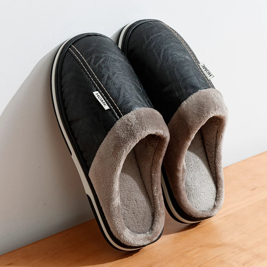 PU Leather Big Sizes Men slippers Indoor Waterproof Fur Flat Men's Winter Home Slipper Cotton Bedroom Houseshoes - Sun Studio