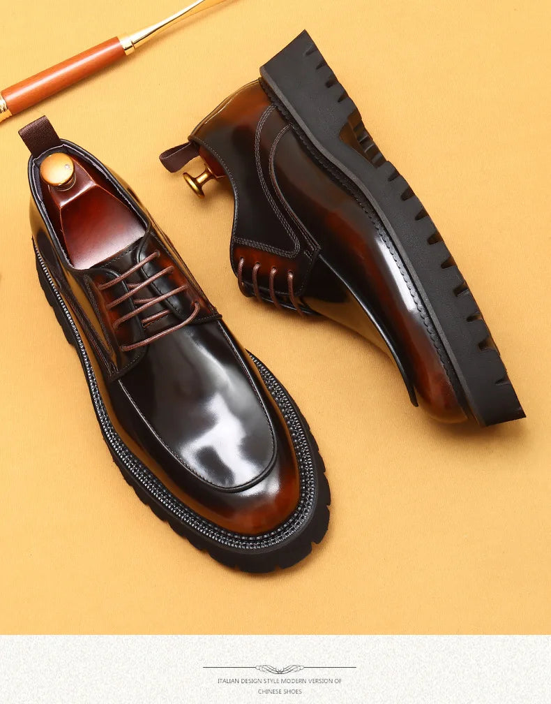 designer men's leather shoes with thick soles round toe glossy leather business dress shoes Waxed cowhide lace up British shoes - Sun Studio