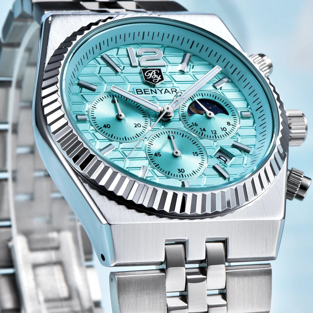 2025 New BENYAR Moon Phase Mens Watches Top Luxury Quartz Chronograph Watch For Men Stainless Steel Waterproof Sports Clock Gift - Sun Studio
