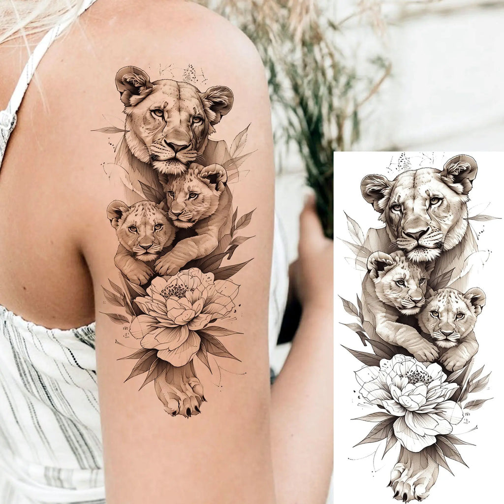 1 Sheet Beautiful Turtle With Flowers Temporary Tattoos Elephant Lion Tatoos Waterproof Realistic Animals Fake Tattoos Stickers - Sun Studio