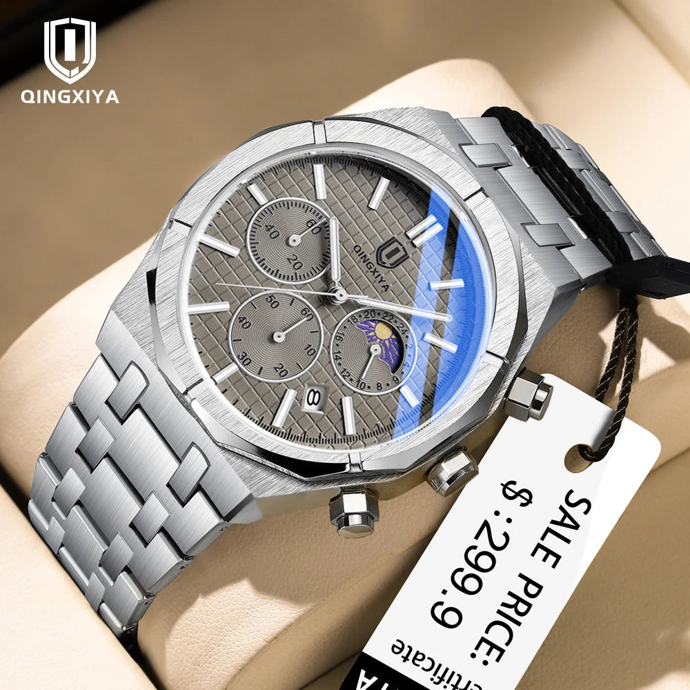 QINGXIYA Luxury Chronograph Quartz Watch Men Sport Military Watch For Men Waterproof Luminous Date Stainless Steel Men's Watches - Sun Studio