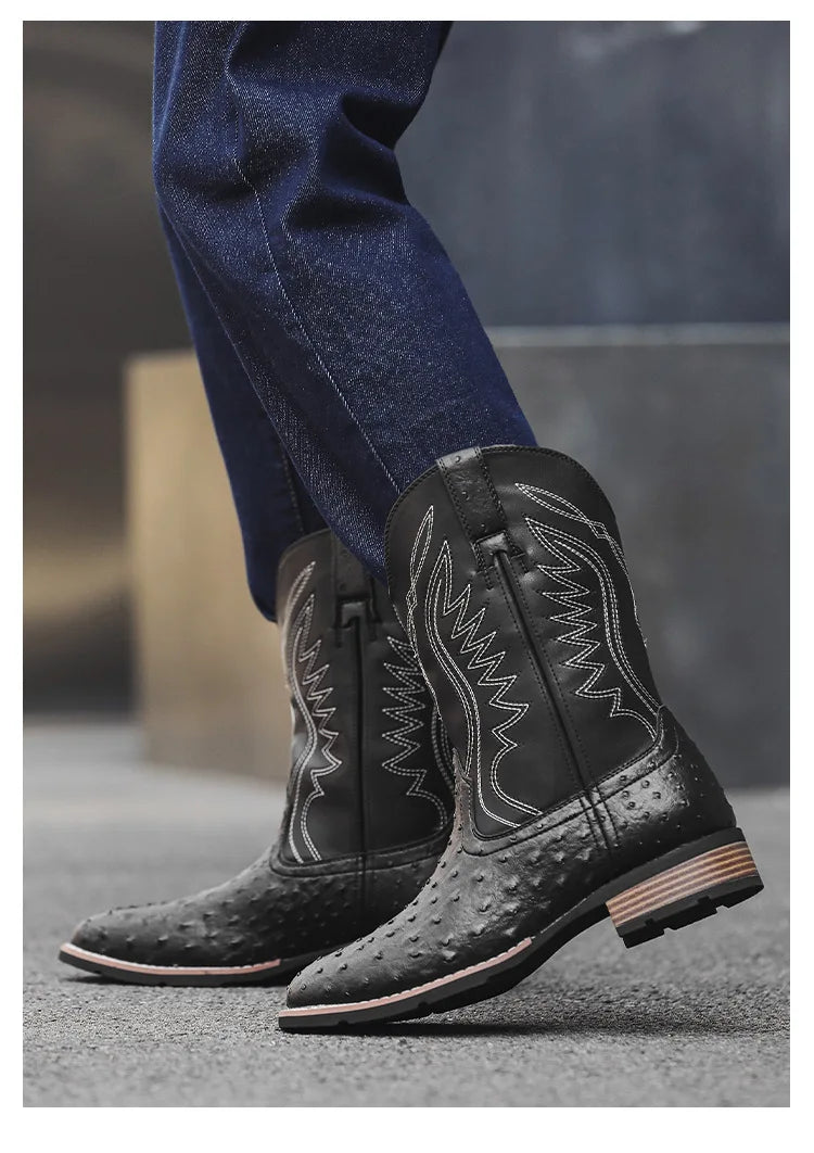 Men's Classic Retro Western Cowboy Boots Embossed Leather Mens Fashion Embroidery Mid-Calf Boot High top Casual Shoes for Men - Sun Studio