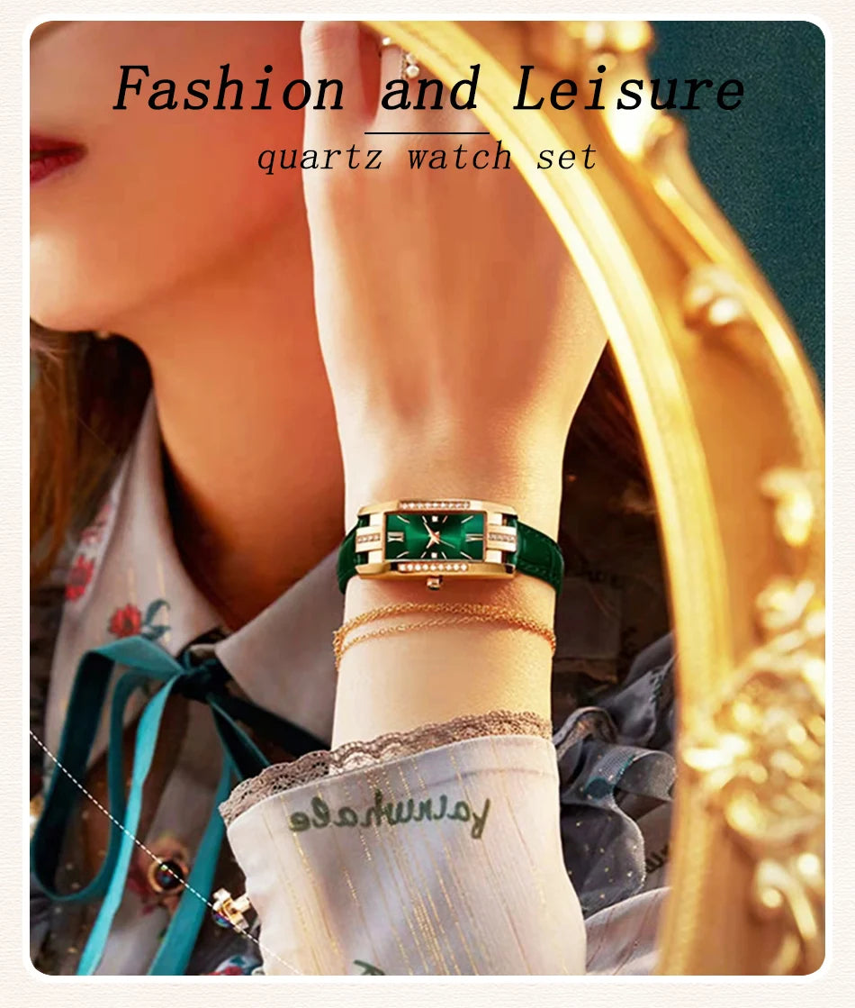 Womens Watches Fashion Square Ladies Quartz Watch Bracelet Set Green Dial Simple Leather Luxury Women Watches - Sun Studio
