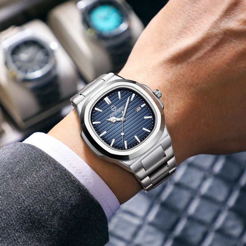 PENGAGAR Luxury Square Fashion Man Wristwatch Waterproof Luminous Date Week Quartz Men's Watches Stainless Steel Men Watch Reloj - Sun Studio