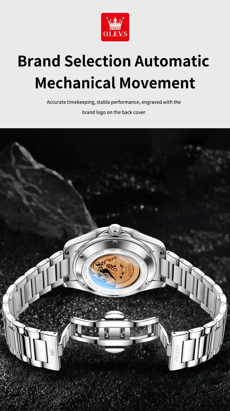 OLEVS 7090 Luxury Men's Watches Original Brand Automatic Mechanical Watches For Man Steel Strap Simple Business Men's Wristwatch - Sun Studio