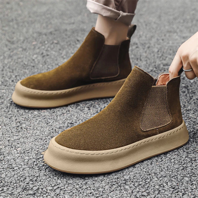Mode Marke Herren Echtes Leder Mid Top Stiefel im Britischen Stil Herbst Winter Herren Rutschfeste und Abriebfeste Chelsea Boots