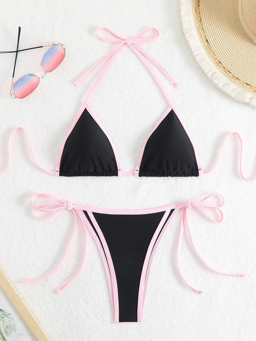 Sexy Micro Bikini 2025 Women Pink Blue Contrast Push Up Tie Side Thong Swimsuit Brazilian Beach Bandage Bathing Suit Swimwear - Sun Studio