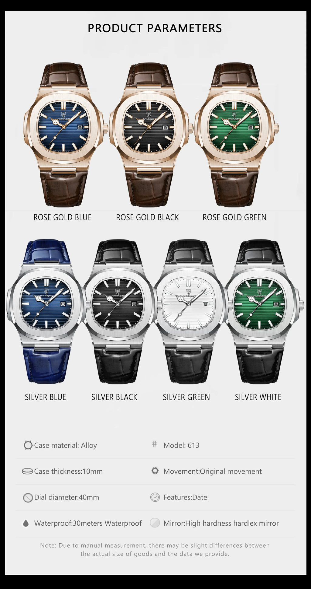 POEDAGAR Original Fashion Men's Wristwatch Date Waterproof Luminous Leather Watches For Men High Quality Square Quartz Man Watch - Sun Studio