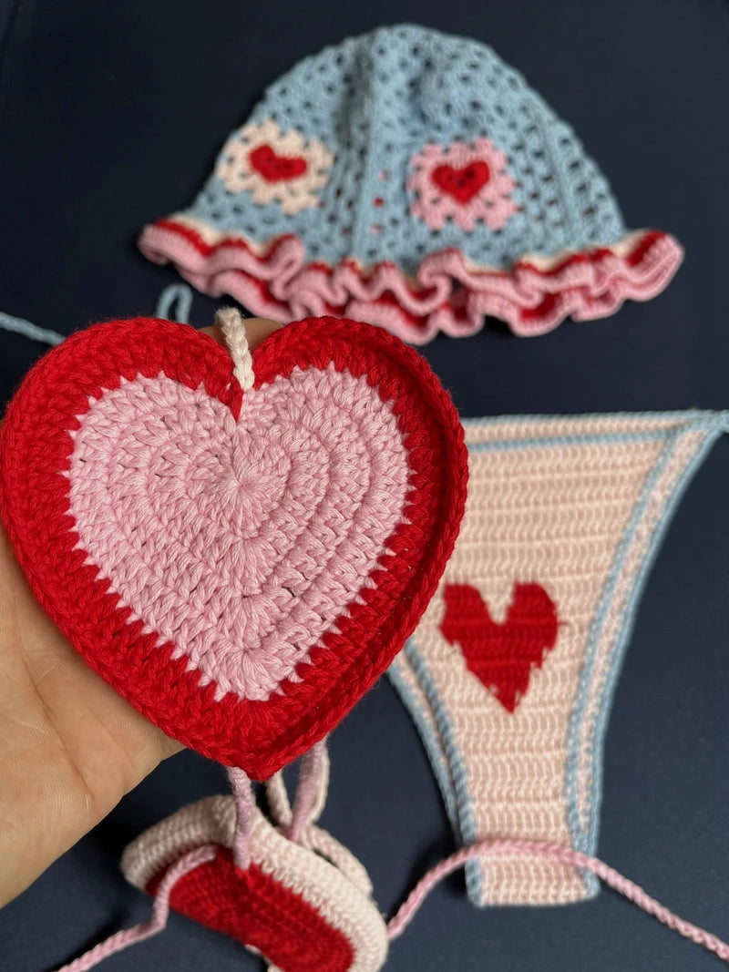 Red Love Heart Crochet Threaded Bikini Set With bucket Hats Handmade Swinwear Bathing Suit Sexy Fashion Swimsuit Vacation Wear - Sun Studio