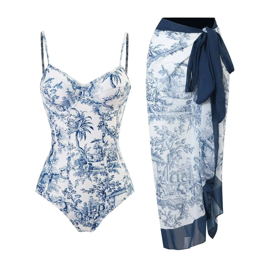 2024 Sexy Damen Badeanzug mit Rock Einteiler Badebekleidung Vintage Rüsche V-Ausschnitt Cover Up Bikinis Set Strandmode Badeanzug