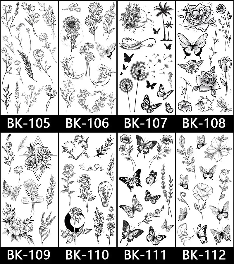 Rose Blossom Tattoo Temporary Waterproof Butterfly Fake Tattoo for Woman Black Flower Sketch Tattoo Sticker - Sun Studio