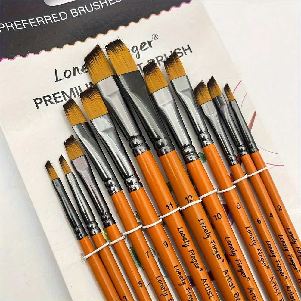 12pcs Premium Angular Paint Brushes - High-Quality Nylon Hair Angled Watercolor Brushes for Acrylics, Watercolors, Gouache - Sun Studio