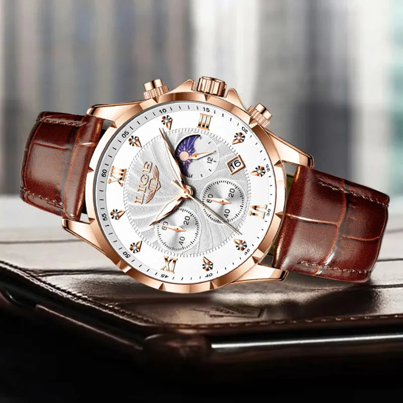 LIGE New Quartz Watches for Men Top Brand Luxury Leather Fashion Military Watch Men Sport Waterproof Chronograph Montre Homme - Sun Studio