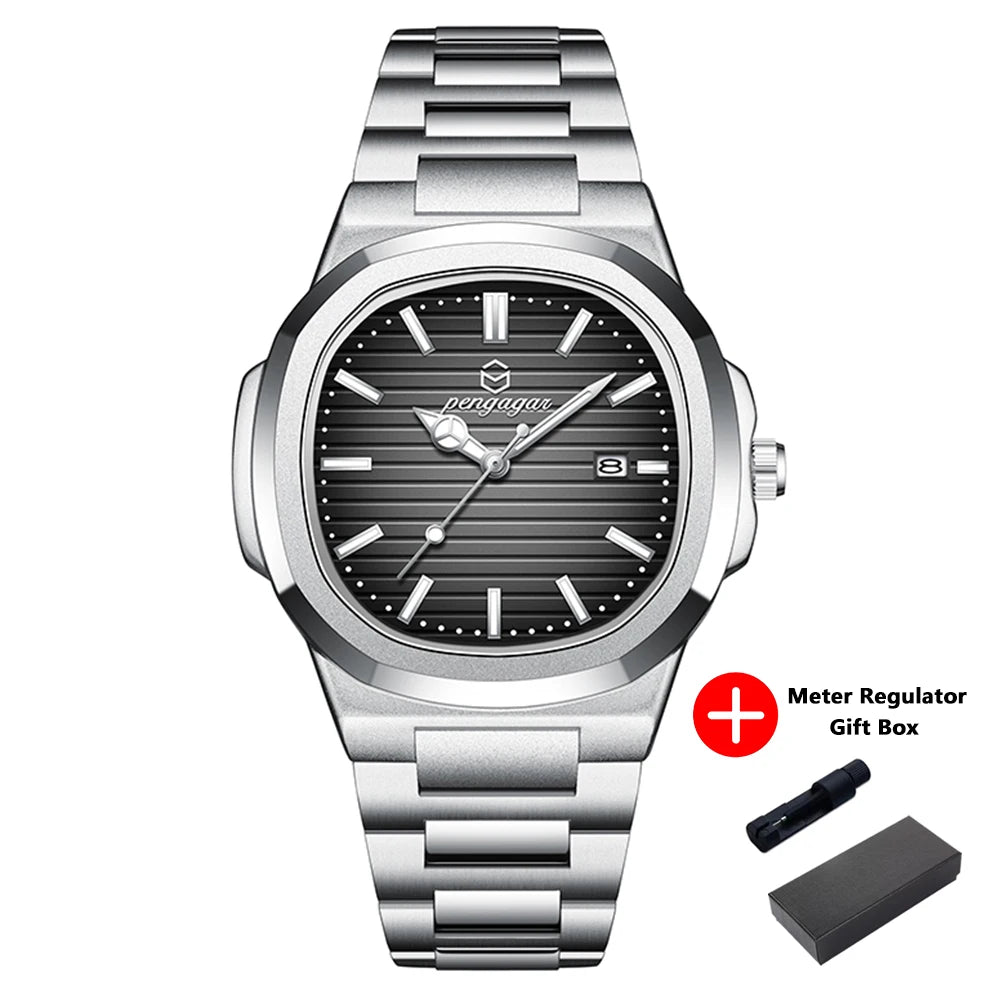 PENGAGAR Luxury Square Fashion Man Wristwatch Waterproof Luminous Date Week Quartz Men's Watches Stainless Steel Men Watch Reloj - Sun Studio