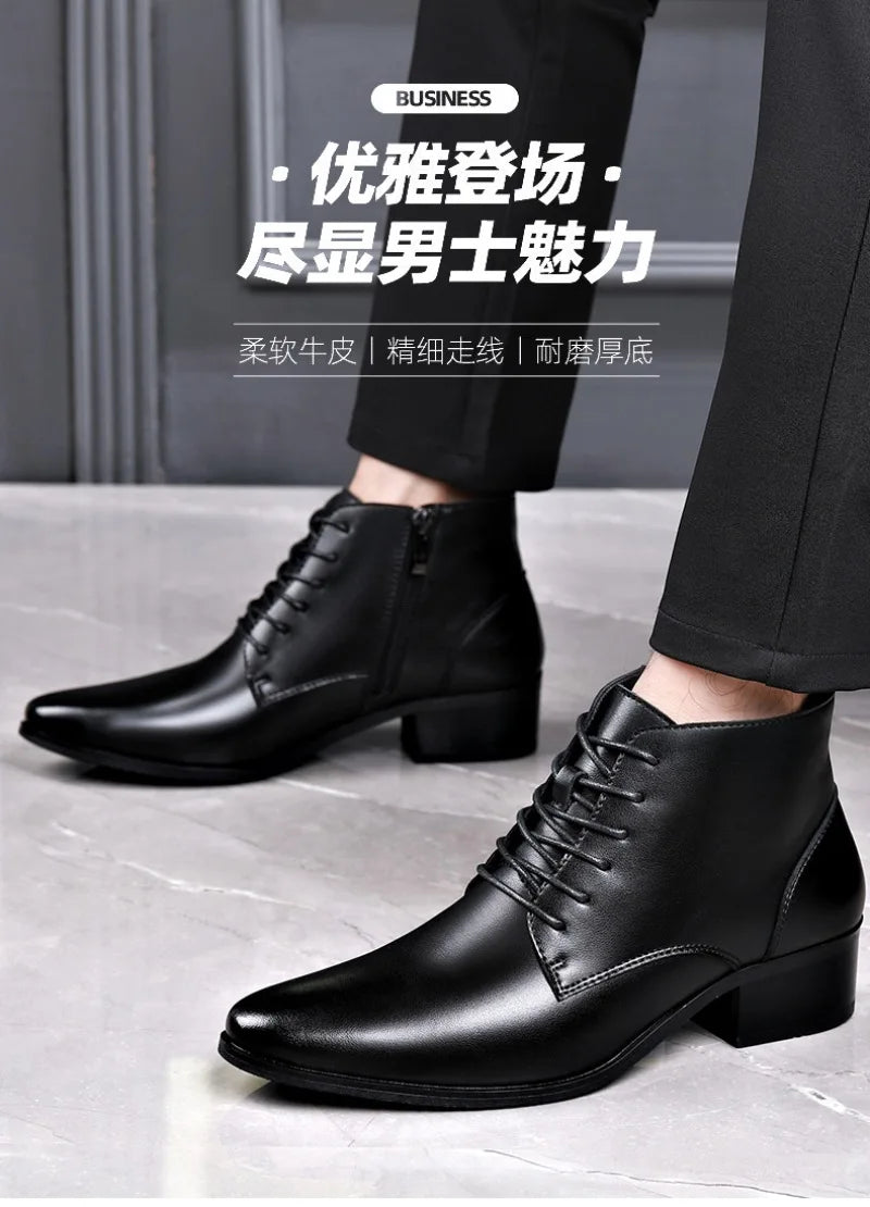 Men's Boots Fashion High-top Casual Boot Pointed Tip Business Leather Boots for Men Plush Warm Winter Boots Lace Up Ankle Botas - Sun Studio