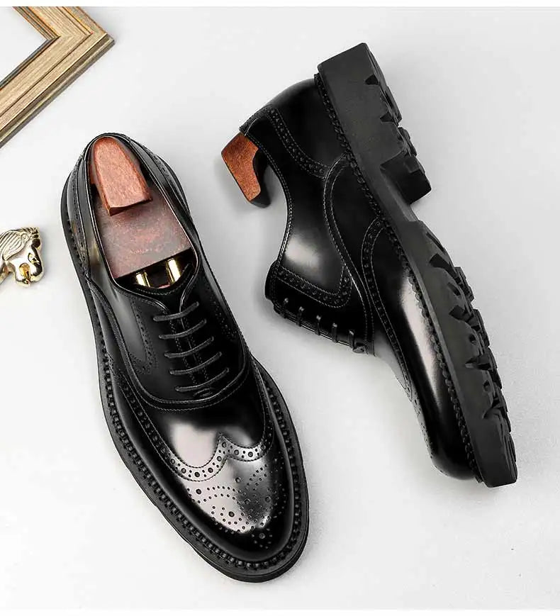 PJCMG Black /Wine Red Mens Dress Lace-Up Oxfords Pointed Toe Genuine Leather Wedding Mens Business Work Shoes - Sun Studio