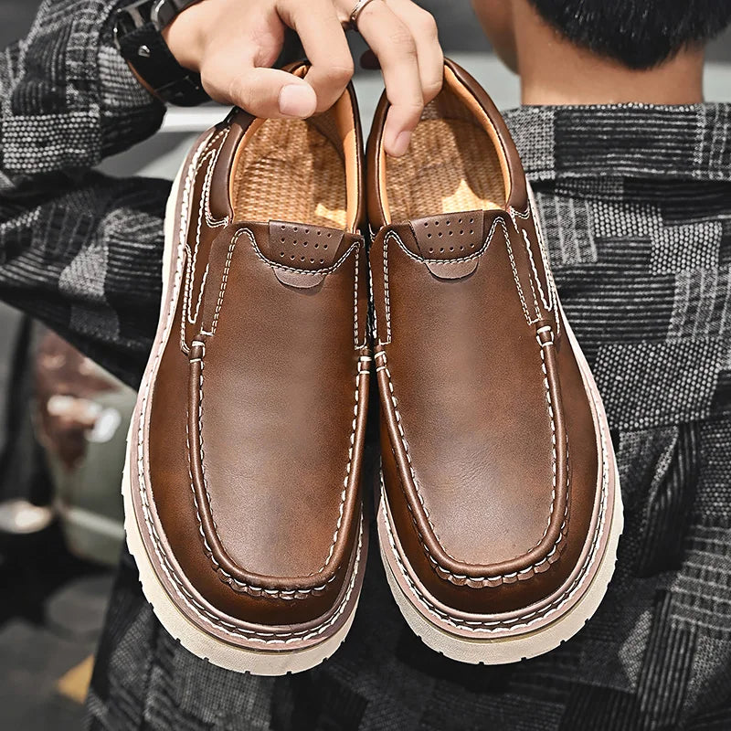 Trendy New Style Men's Genuine Leather Shoes Thick Soled Tooling Shoes Men's Oxford Shoes Lace Up Business Shoes Outdoor Loafers - Sun Studio
