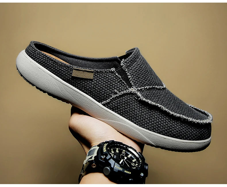 Casual Slip on Mens Shoes Outdoor Walking Comfortable Canvas Slippers Korean Trend Baotou Half Drag Slides Zapatillas Hombre - Sun Studio