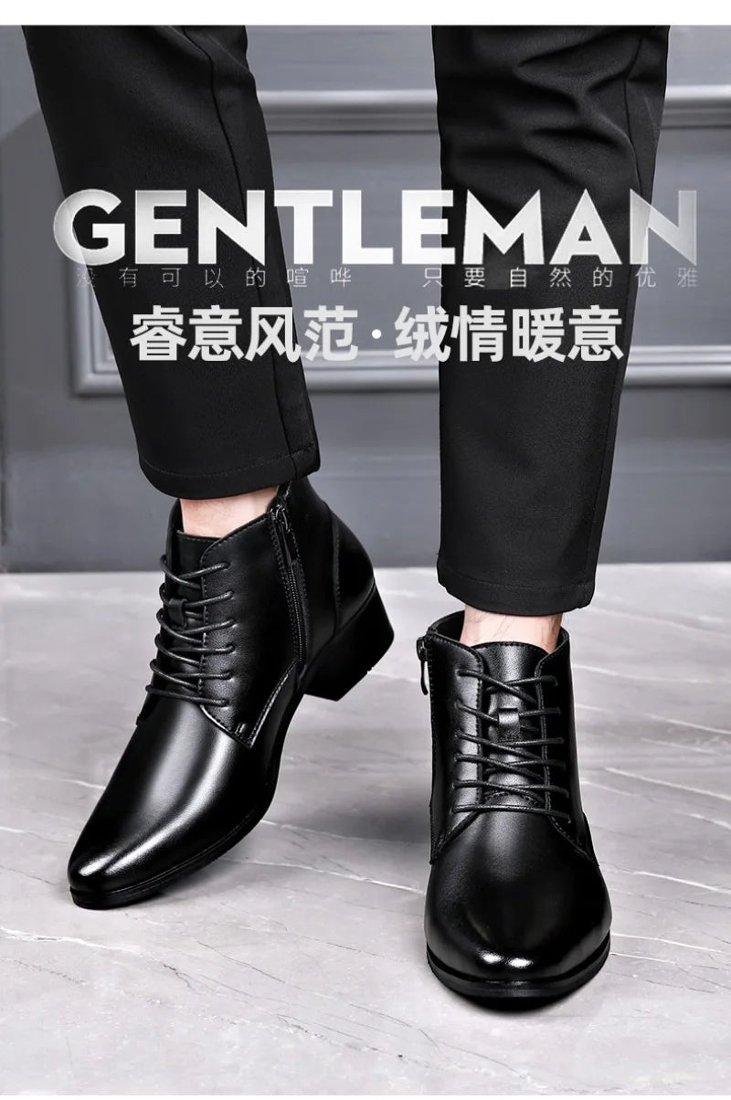 Men's Boots Fashion High-top Casual Boot Pointed Tip Business Leather Boots for Men Plush Warm Winter Boots Lace Up Ankle Botas - Sun Studio