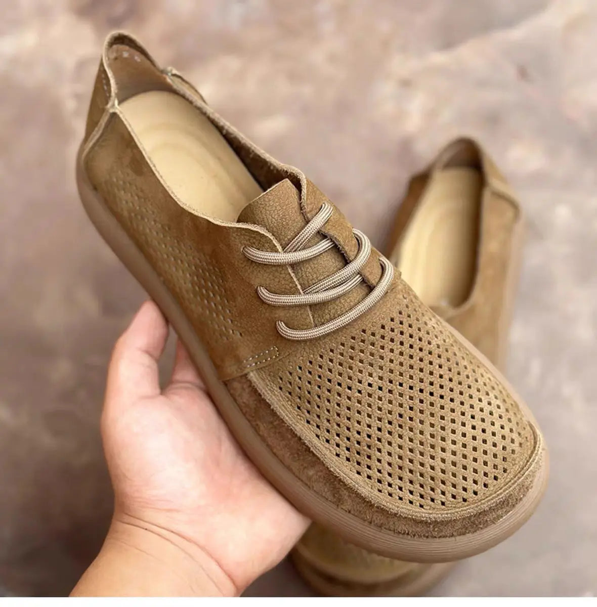 Wide toe hollow natural leather shoes men's 2025 summer new cowhide punched breathable soft leather soft sole singlecasual shoes - Sun Studio