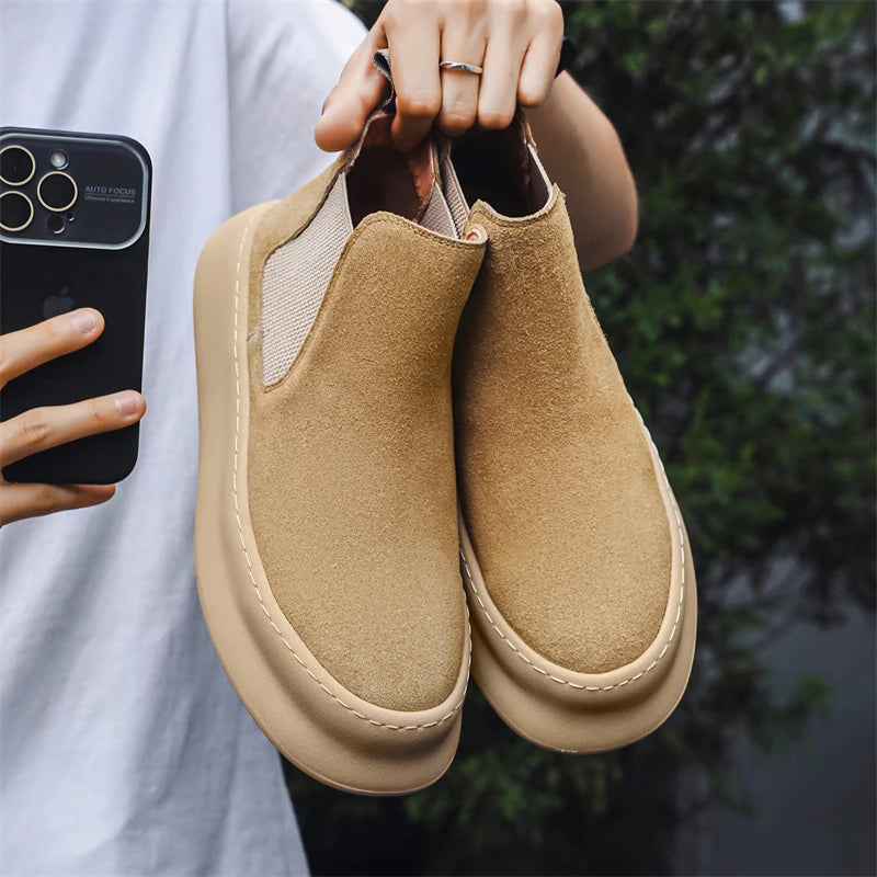 Fashion Brand Men Genuine Leather Mid Top Boots with British Style Autumn Winter Men Anti Slip and Wear-resistant Chelsea Boots - Sun Studio