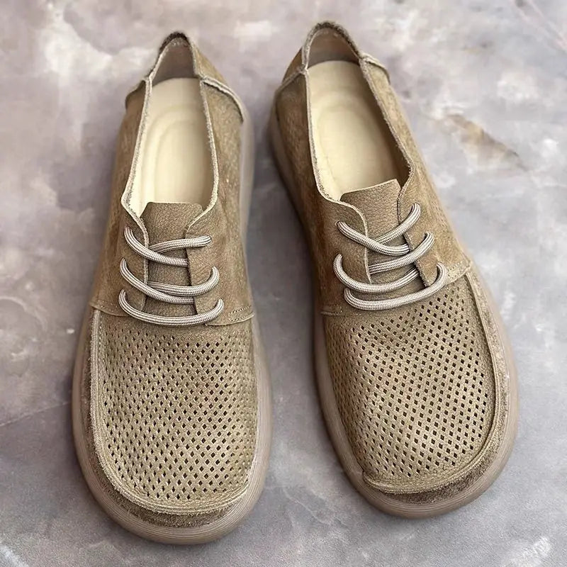 Wide toe hollow natural leather shoes men's 2025 summer new cowhide punched breathable soft leather soft sole singlecasual shoes - Sun Studio