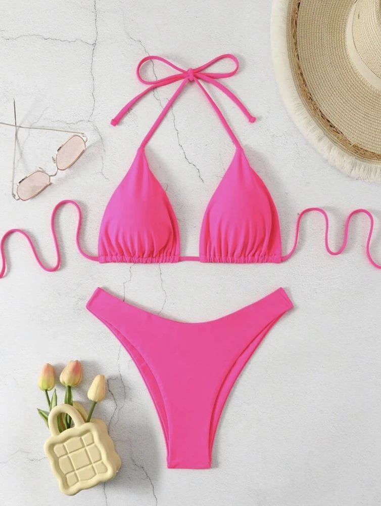New Halter Bikini Women Solid Color Two-Piece Set Sexy Split Swimsuit Yellow Red Black Coffee White Pink Lace Up Bathing Suit - Sun Studio