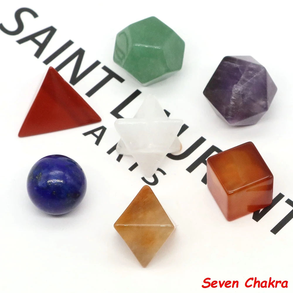 7 Chakra Platonic Sacred Stones Geometry Set Natural Reiki Healing Crystal for Meditation Therapy Balancing Spiritual Home Decor - Sun Studio