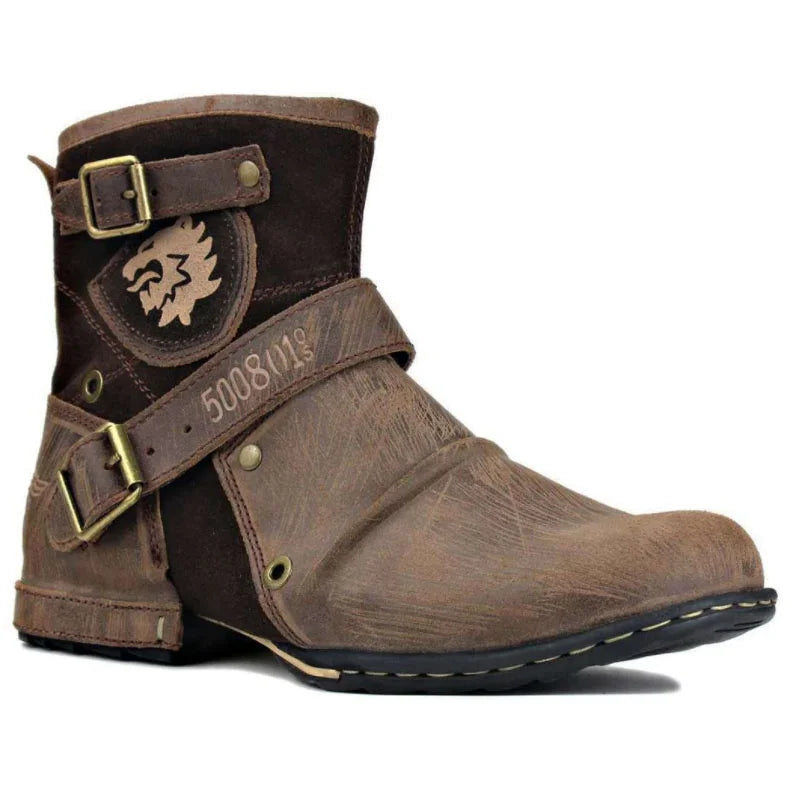 Men's Ankle Boots High Quality Cowboy Boots Men Metal Buckle Side Zipper Motorcycle Boots Gothic Boots Retro Western Boots - Sun Studio