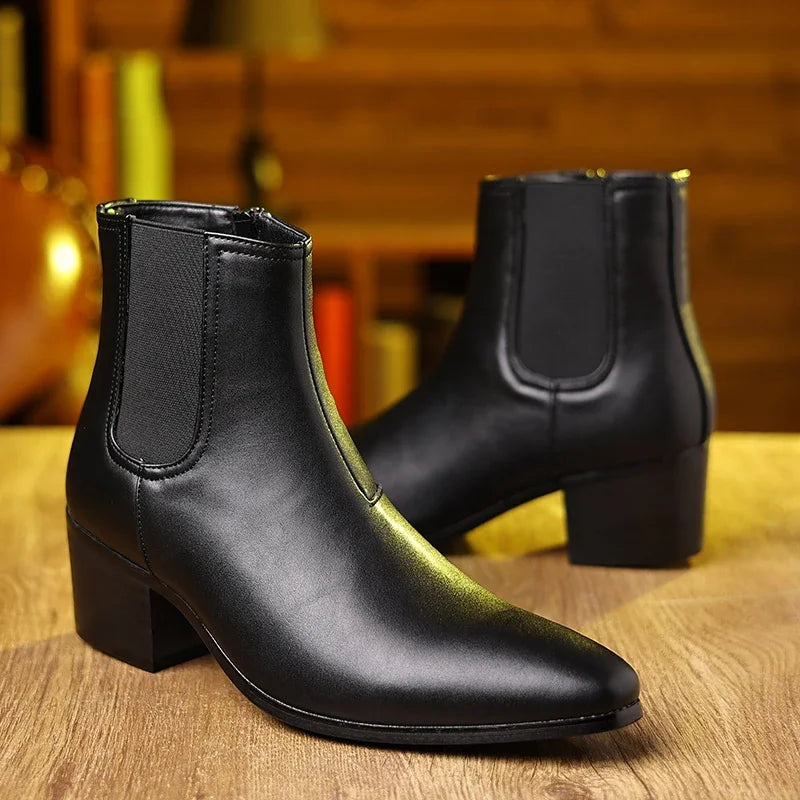British style leather shoes Chelsea boots men's height increasing boots high-heeled men's shoes fashion short boots tide shoes - Sun Studio