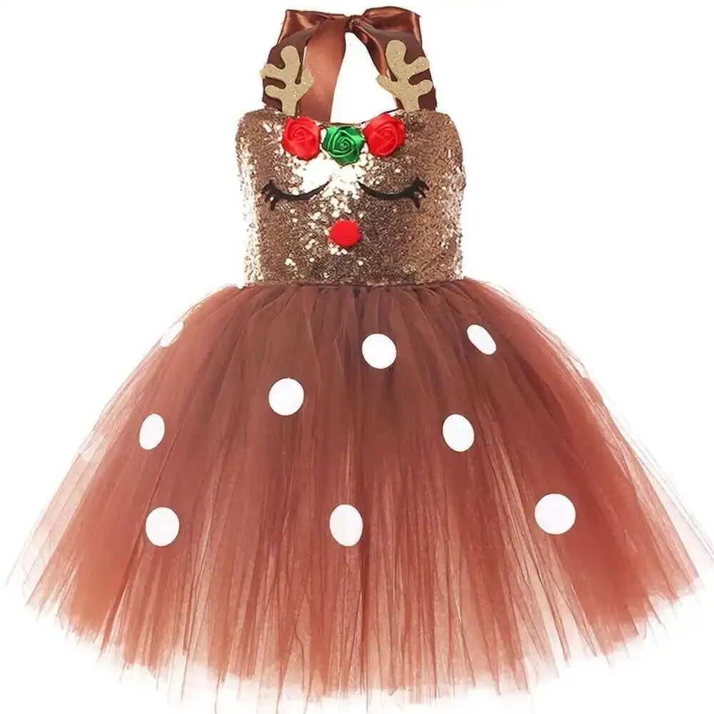 Brown Sequins Deer Costumes for Baby Girls Christmas Princess Dresses Kids Reindeer Outfit Children New Year Clothes Xmas Gift - Sun Studio