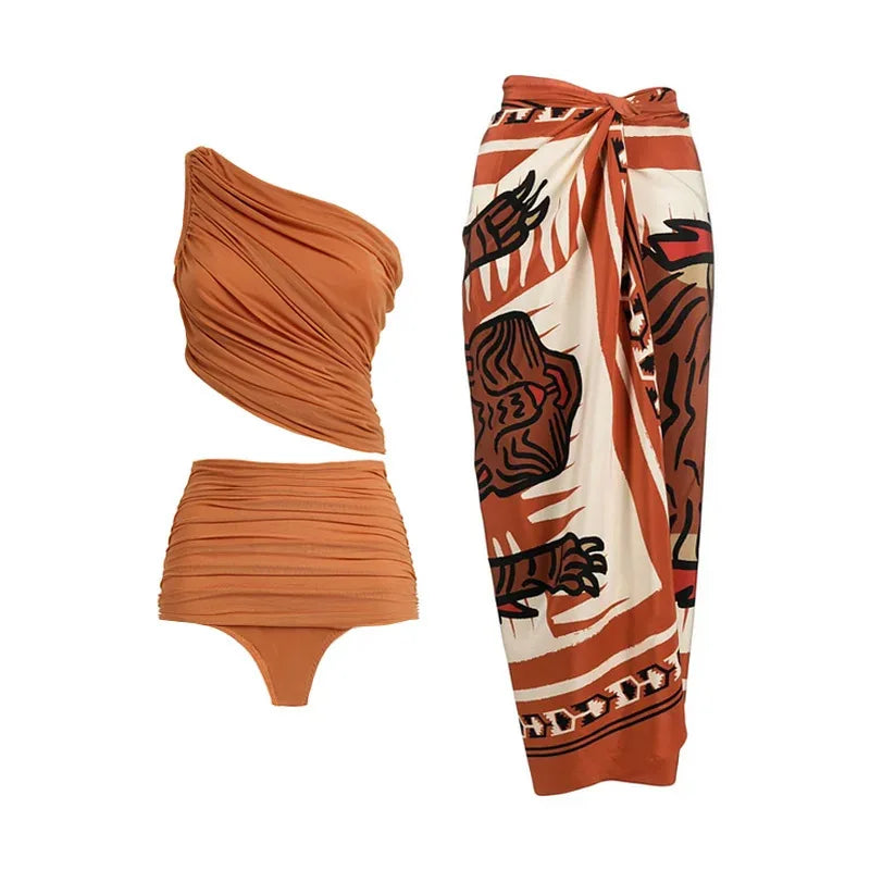 2024 Sexy Damen Badeanzug mit Rock Einteiler Badebekleidung Vintage Rüsche V-Ausschnitt Cover Up Bikinis Set Strandmode Badeanzug