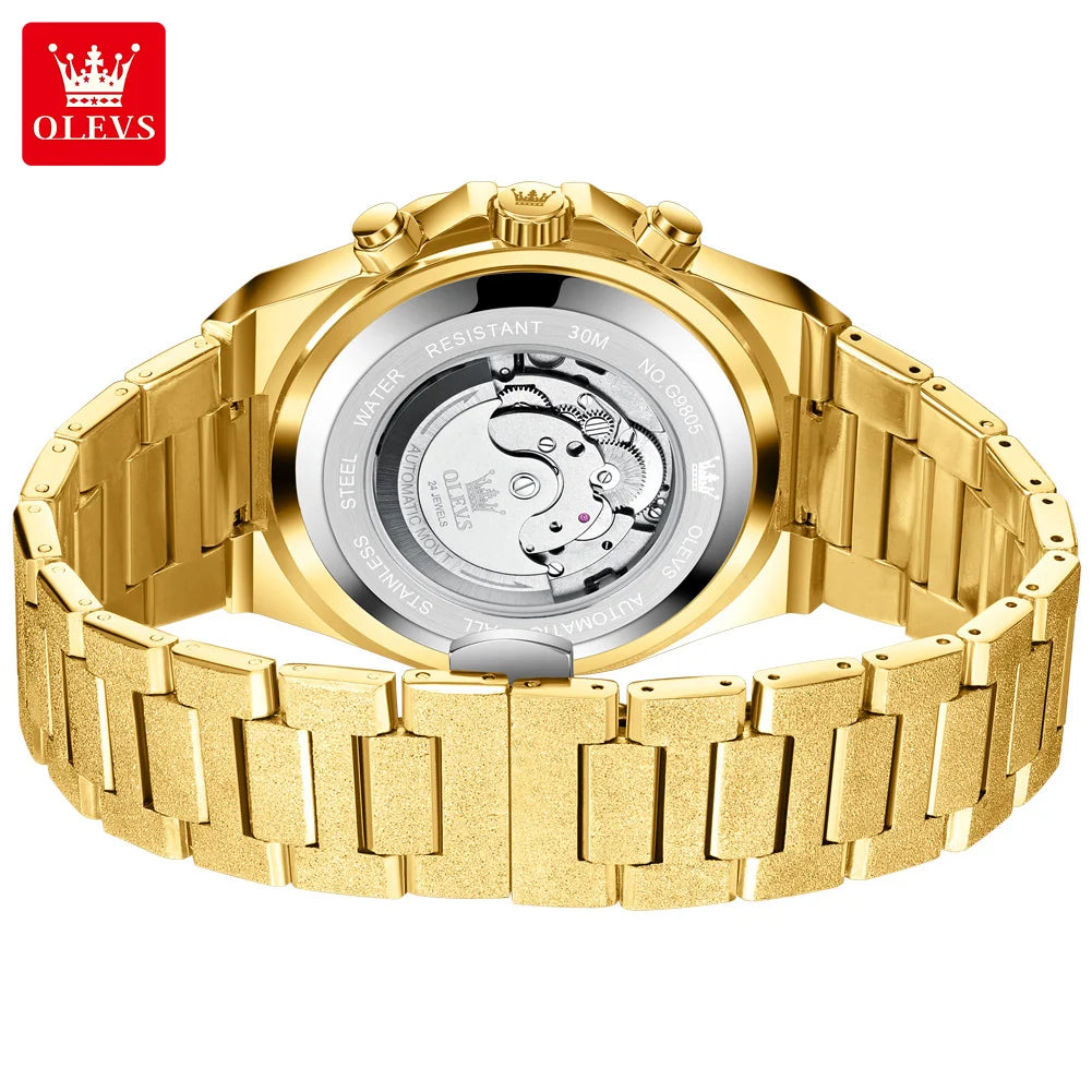 OLEVS Luxury Automatic Tourbillon Watch Men Fashion Gold Mechanical Watches Stainless Steel Waterproof Date Week Men's Watches - Sun Studio