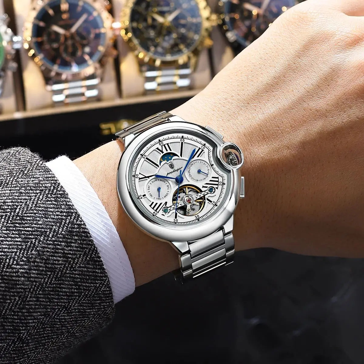 POEDAGAR Luxury Male Watch Business Date Week Stainless Steel Tourbillon Men Clock Waterproof Automatic Mechanical Men's Watches - Sun Studio