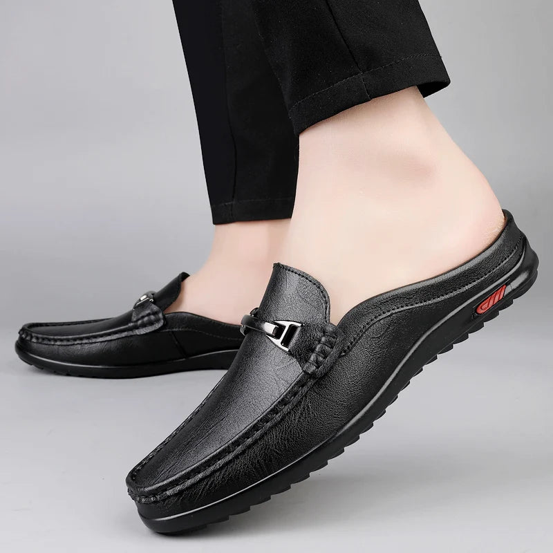 Luxury Men Genuine Leather Shoes Casual Business Men Slip-on Shoe All-Match Half Slippers Loafers Summer Handmade Flats Slippers - Sun Studio