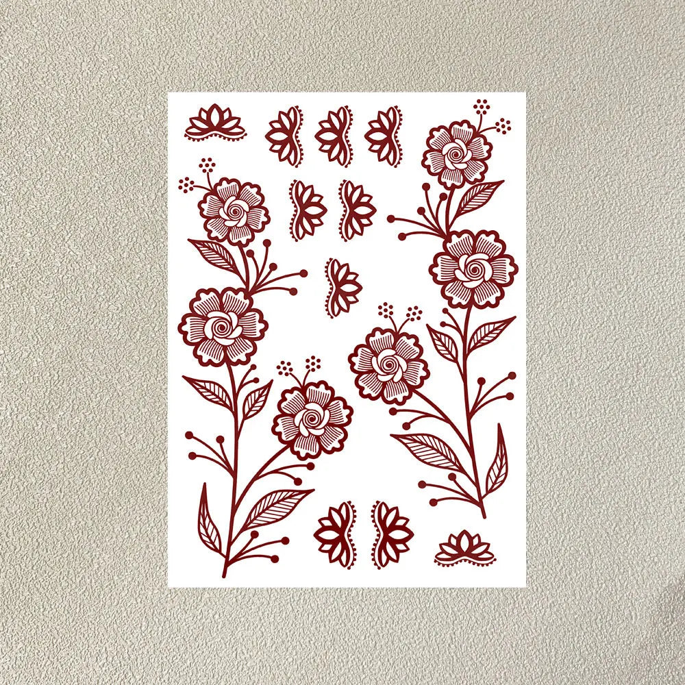 Wasserdichtes Blumen Hand Tattoo für Frauen Maroon Henna Tattoo Aufkleber für Hand Finger Körperkunst Einweg Fake Tattoo Festival