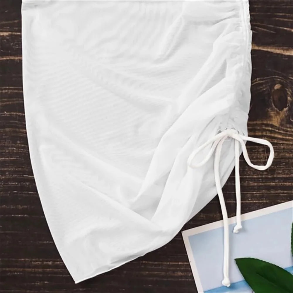Beachwear Hip Skirt Translucent Sexy Swimsuit Beach Skirt Seaside Holiday Gauze Skirt Ruffled Overskirt Mesh Drawstring Solid - Sun Studio