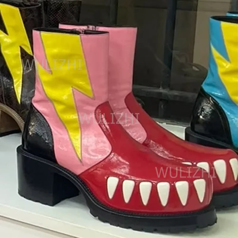 Men's Leopard Graffiti Teeth Totem Boots Black Leather Patent Leather Block Heels Thick Sole Zip Fashion Round Toe Shoes Street - Sun Studio
