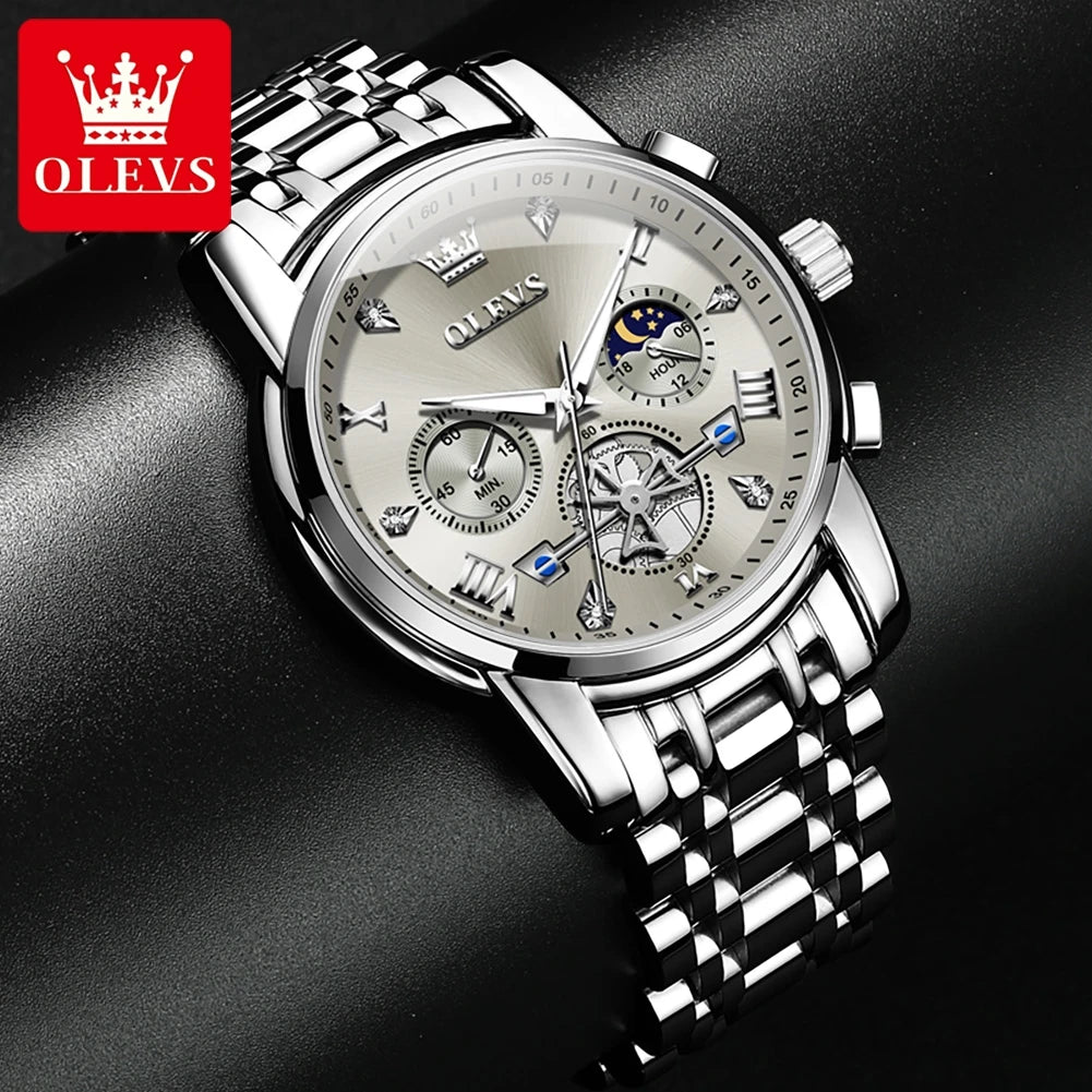 OLEVS Men's Watches Classic Multifunctional Flywheel Design Stainless steel Waterproof Moon Phase Men's Wristwatches 2024 Trend - Sun Studio
