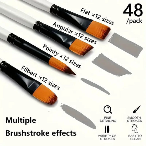 12/48Pcs Professional Quality Art Watercolor Brushes White Nylon Round Tip Set for Acrylic and Brushes for Face Body Nail Art - Sun Studio