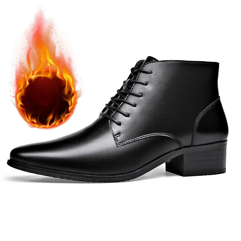 Men's Boots Fashion High-top Casual Boot Pointed Tip Business Leather Boots for Men Plush Warm Winter Boots Lace Up Ankle Botas - Sun Studio
