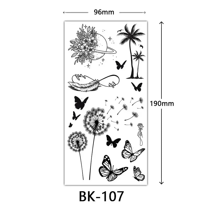 Rosenblüten-Tattoo Temporäres wasserdichtes Schmetterlings-Fake-Tattoo für Frauen Schwarzes Blumen-Skizzen-Tattoo-Aufkleber
