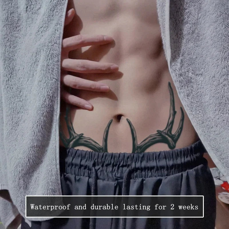 A Pair of Antler Herbal Juice Tattoo Stickers Abdomen Waterproof Semi-permanent Fake Tattoos Men Women Personality Faux Tatouage - Sun Studio