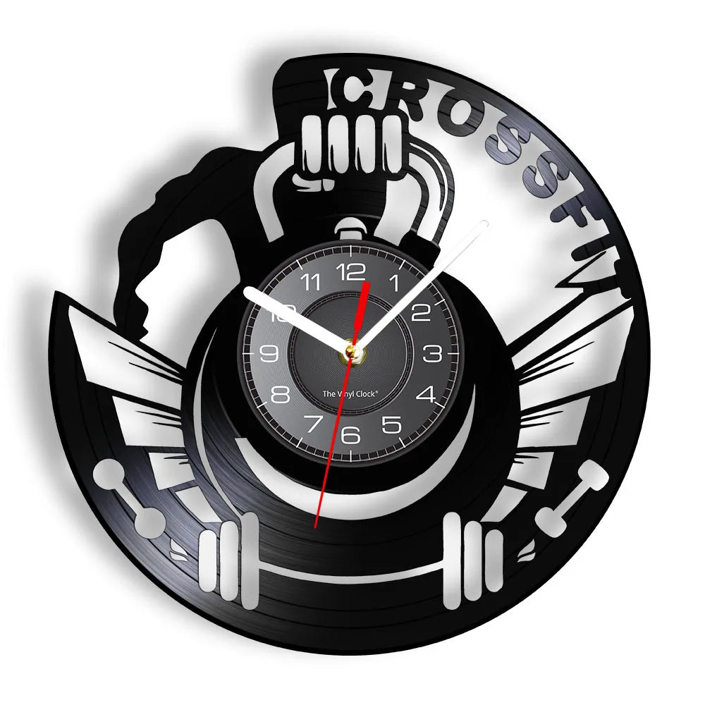 Fitness Equipment Theme Vinyl Record Fitness Wall Clock Home Decoration LED Backlight Modern Fitness Watch - Sun Studio