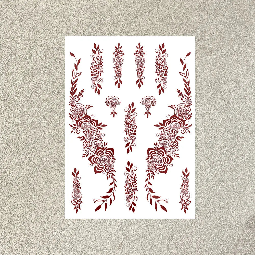 Wasserdichtes Blumen Hand Tattoo für Frauen Maroon Henna Tattoo Aufkleber für Hand Finger Körperkunst Einweg Fake Tattoo Festival