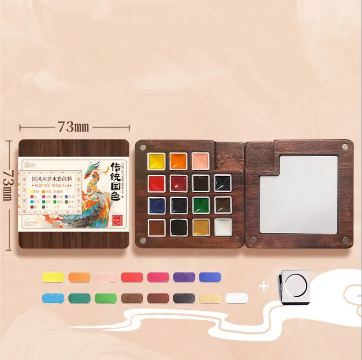 Portable Watercolor Set Walnut Paint Box With Palette 8/15 Colors Travel Mini Watercolor Paint Art School Supplies - Sun Studio
