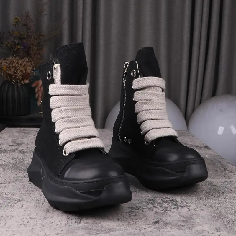 Men Women High-TOP Shoes Casual Canvas Platform Heel Sneakers Luxury Designer Jumbo Lace Up Zip Autumn Black Boots - Sun Studio