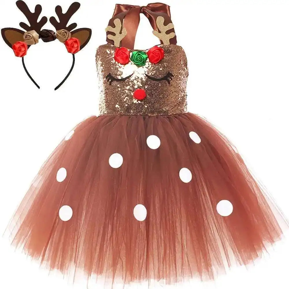 Brown Sequins Deer Costumes for Baby Girls Christmas Princess Dresses Kids Reindeer Outfit Children New Year Clothes Xmas Gift - Sun Studio